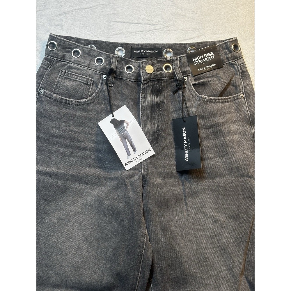 NWT Ashley‎ Mason Premium Jeans Women's Grommets 7/28 Gray High Rise Straight